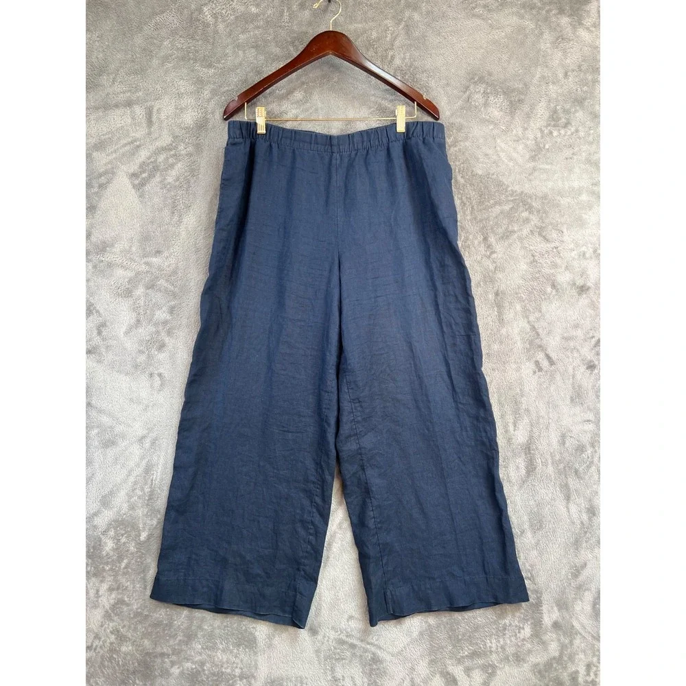 H&M Linen Wide Leg Pants Womens Large 34x26 Navy Blue Lightweight Pull On